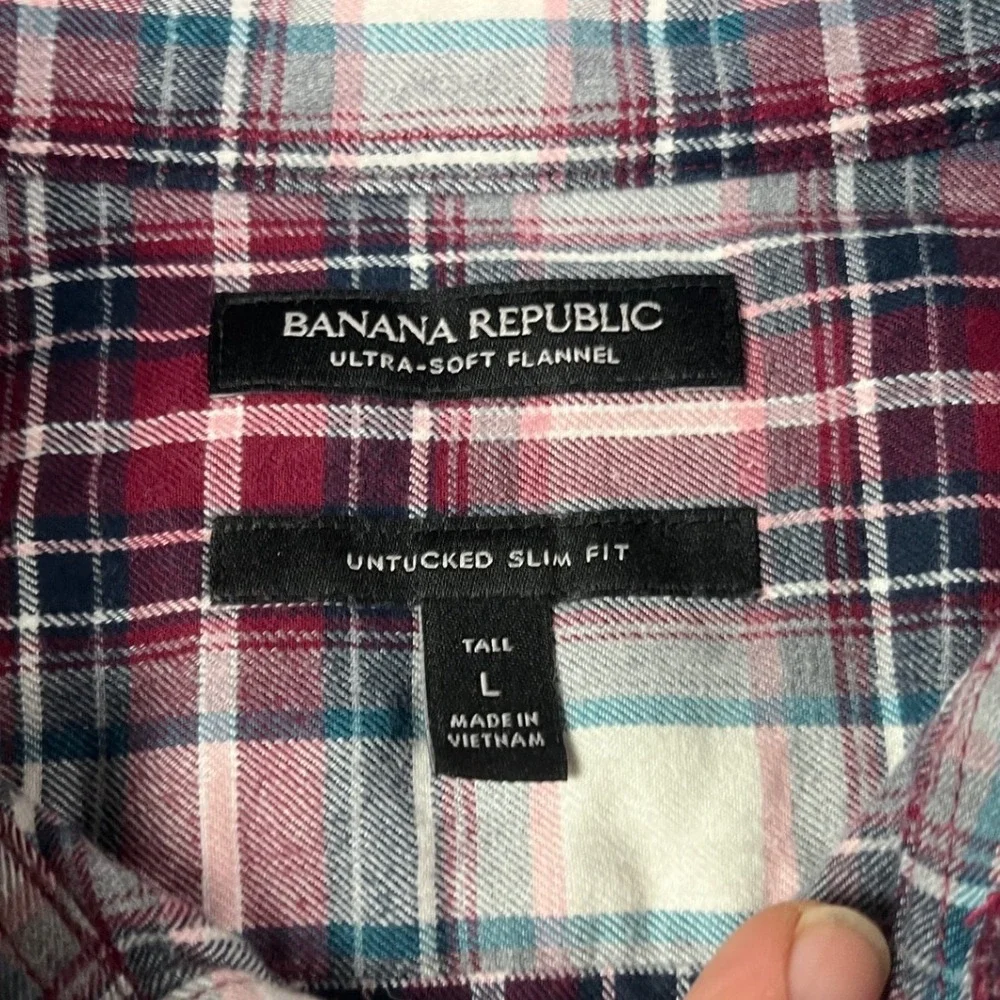 Banana Republic Mens Tall L Untucked Slim Fit Ultra-Soft Flannel Plaid Shirt Red
